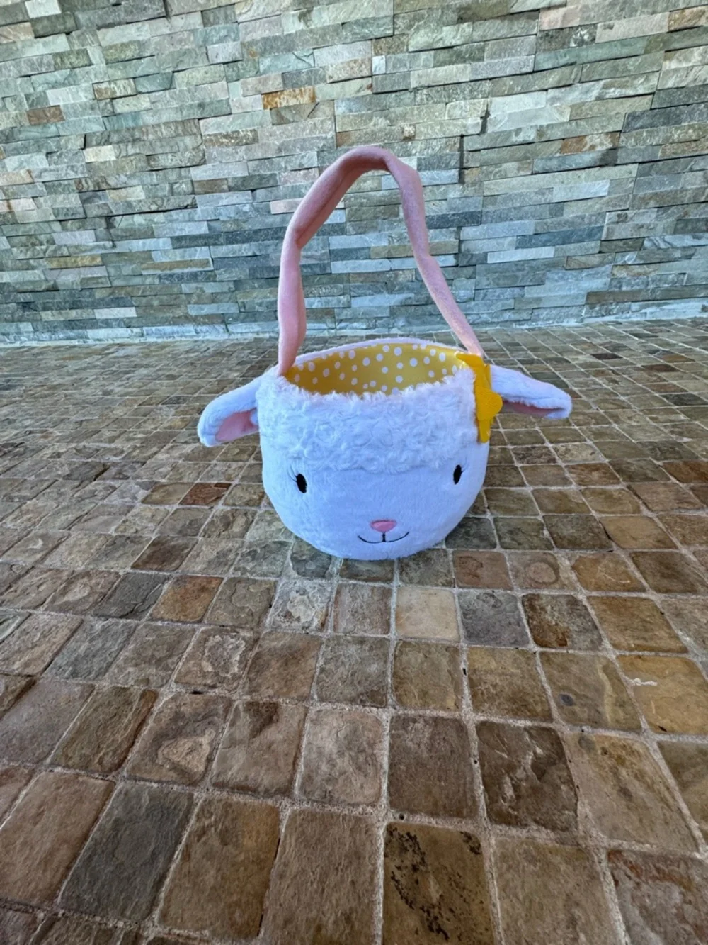 Plush White Bunny Easter Basket with Pink Handle and Yellow Bow